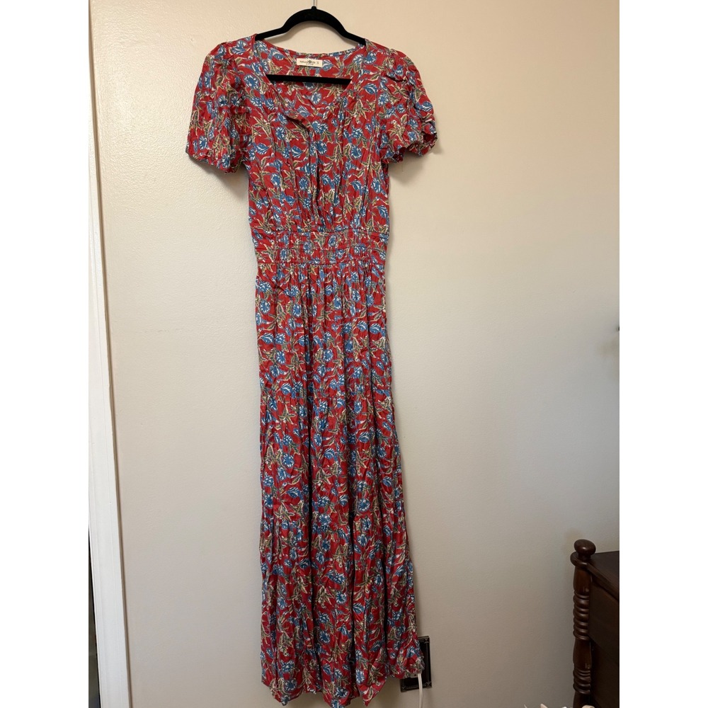 Natural Life Red Floral Maxi Dress Small Smocked Waist Short Sleeve Tiered Boho